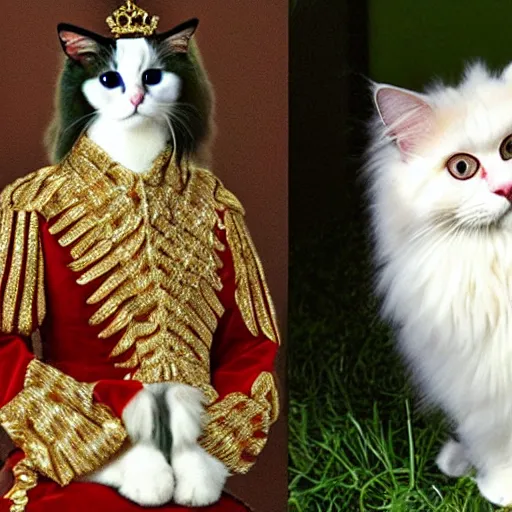 Image similar to a royal portrait of a ragdoll cat dressed up as the Queen of England