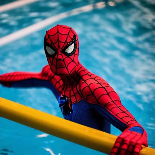 Image similar to 85mm photo of Spider-Man as a life guard at a public pool, dslr photograph