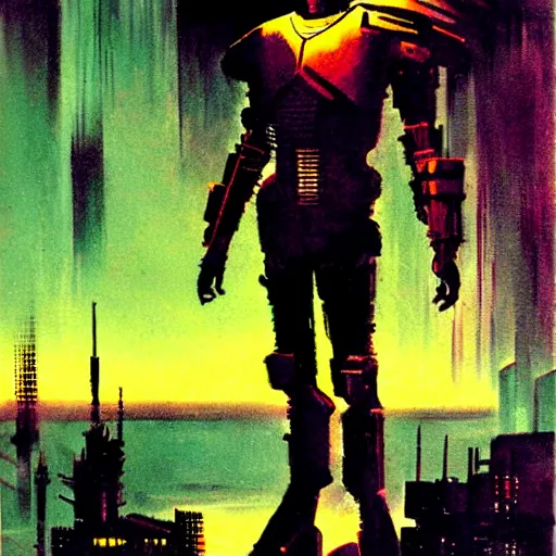 Image similar to cyberpunk knight, epic pose, by jack gaughan, pulp, sci - fi, atmospheric lighting, painted, intricate, ultra detailed