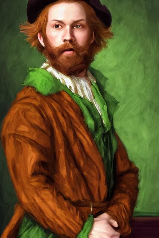 Prompt: intricate beautiful medium - shot, the card player man with short reddish beard, blonde reddish hair, in green clothes of 1 7 th century, matte painting, renaissance painting, by paul sezanne by leyendecker, by artgerm, rutkowskyi