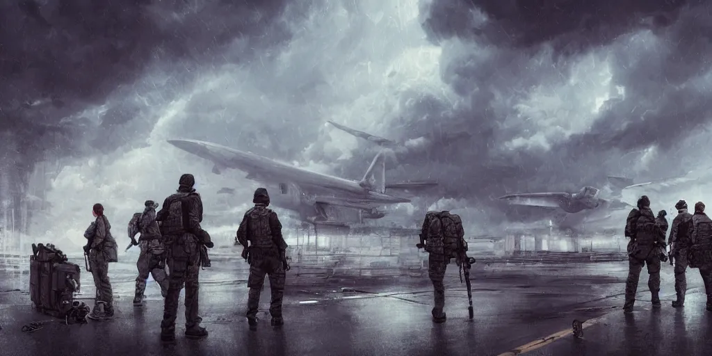 Image similar to private military company operatives standing outside immigration check point with severe weather storms across the sky, cinematic, realistic, detailed, intricate, digital art, ambient lighting, by jordan grimmer, industrial art style, 3 5 mm film grain, artstation