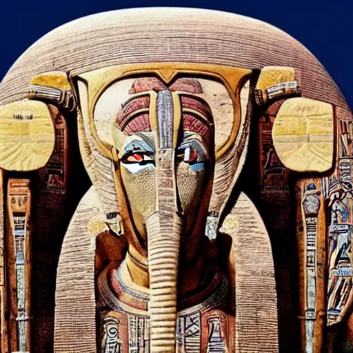 Prompt: the annunaki have returned to egypt wearing space suits that look like egyptian pharoah head - dresses and breathing hoses that look like elephant trunks - alien - looking, futuristic, detailed, photo - realism