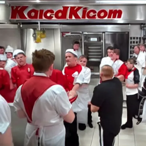 Image similar to gordon ramsay yelling at kfc employees in the kfc kitchen on kitchen nightmares. the employees are lined up and in their kfc uniforms.