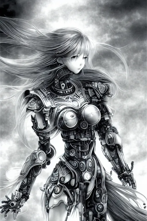 Image similar to a vertical portrait of a character in a scenic environment by Yoshitaka Amano, black and white, dreamy, cybernetic armor, wavy long black hair, highly detailed