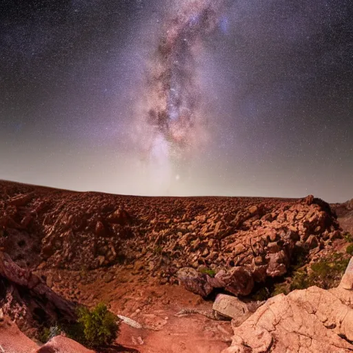 Image similar to a hyper realistic photograph of the milky way galaxy shining from above a rock canyon, award winning