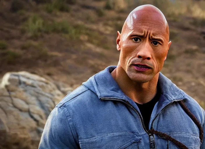 Image similar to film still of dwayne the rock johnson as eleven in the new stranger things movie, 4 k, highly detailed face, detailed eyes