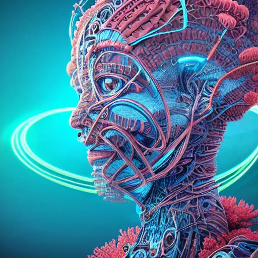 Image similar to Face of a Alien Deity, centered, corals with detailed circuits on it, plume made of geometry, extremly detailed digital painting, sharp focus in the style of android jones, artwork of a futuristic artificial intelligence superstar with frames made of detailed circuits, mystical colors, rim light, beautiful lighting, 8k, stunning scene, raytracing, octane, under water visual distortion, dark tones colors, trending on artstation