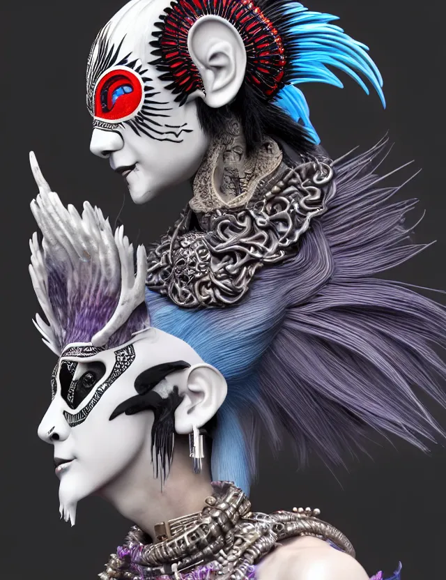 Image similar to 3 d goddess close - up profile portrait punk with mohawk with ram skull. beautiful intricately detailed japanese crow kitsune mask and clasical japanese kimono. betta fish, jellyfish phoenix, bio luminescent, plasma, ice, water, wind, creature, artwork by tooth wu and wlop and beeple and greg rutkowski