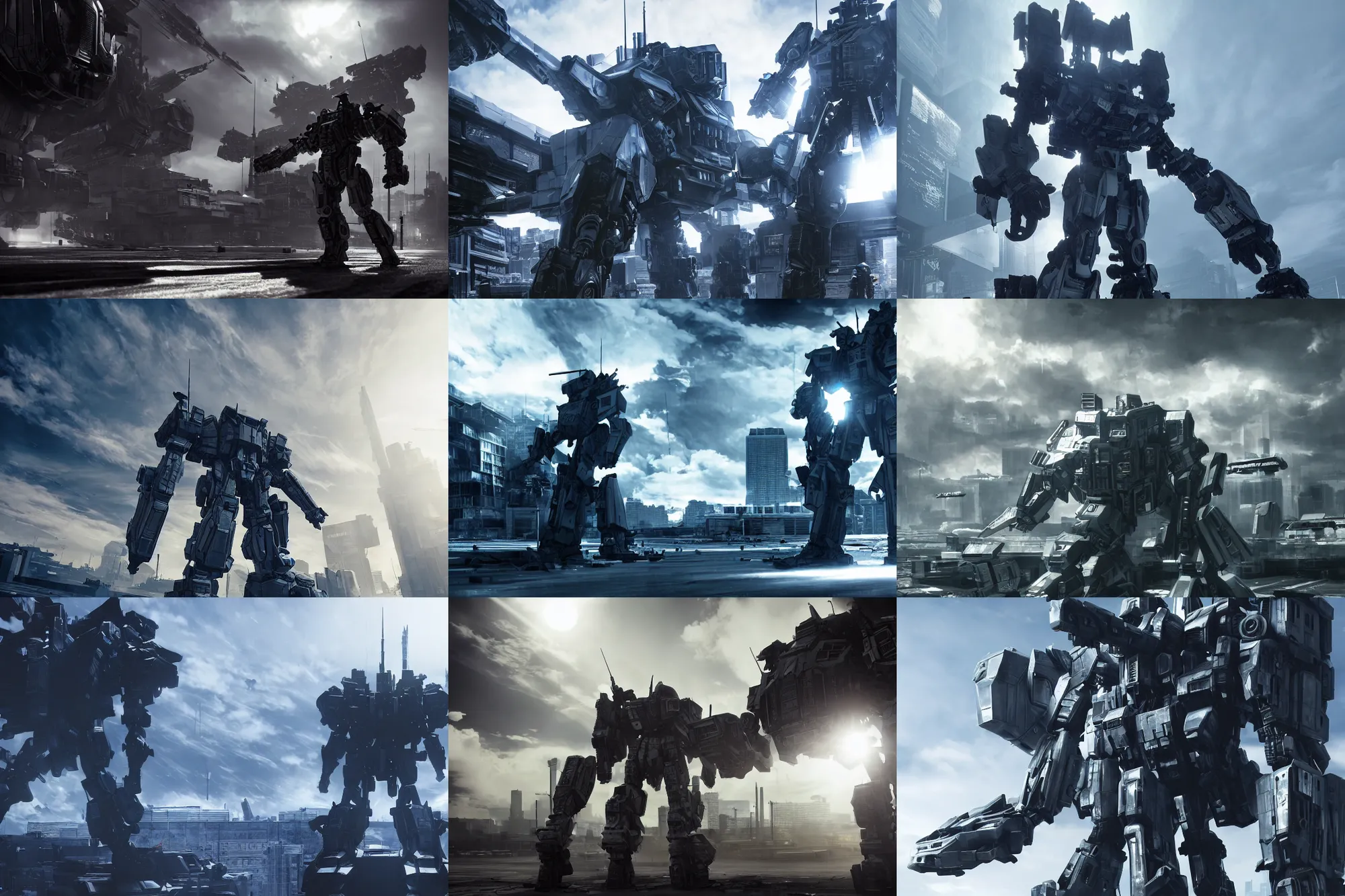 Prompt: armored core 4 by liam wong, blue sky, the pure white earth, dramatic backlighting, cinematic establishing shot, extremely high detail, photorealistic, unrealengine 4