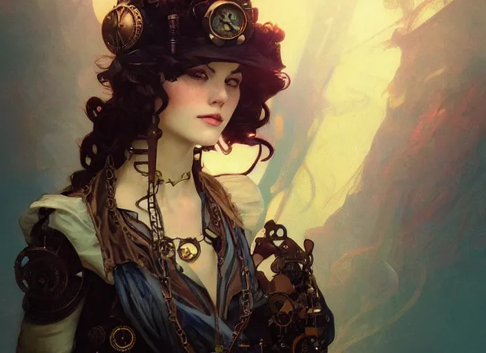 Prompt: woman model, steampunk!!! and modern, rgb, lake, backlit, elegant, highly detailed, digital painting, artstation, concept art, smooth, sharp focus, illustration, art by krenz cushart and artem demura and alphonse mucha