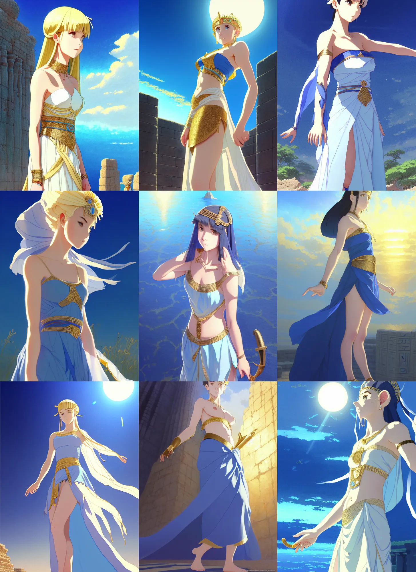 Prompt: a full body portrait wmma watson as babylonian princess, long blue dress, sun lighting, water, finely detailed features, perfect art, at an ancient city, gold hour, gapmoe yandere grimdark, trending on pixiv fanbox, painted by greg rutkowski makoto shinkai takashi takeuchi studio ghibli, akihiko yoshida