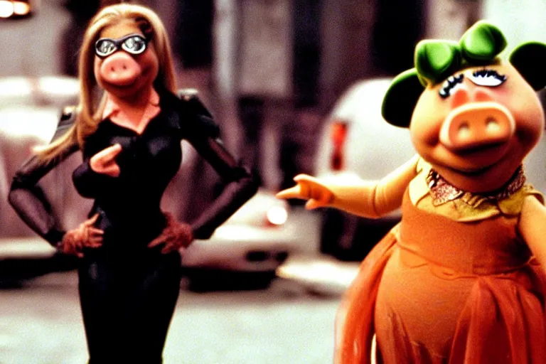 Image similar to movie still of miss piggy starring as trinity in the matrix 1 9 9 9 movie