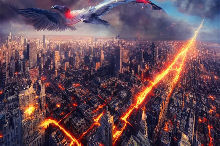 Prompt: giant bird destroys New York, dramatic oil painting, volumetrics, octane render, explosions, cityscape, by WLOP, by Artgerm