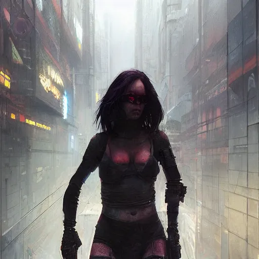 Image similar to cyberpunk razorgirl, pavewalk, scifi, megacity background, neuromancer, dramatic lighting, painted by raymond swanland, painted by greg rutkowski, painted by jeremy mann, painted by artgerm, painted by igor kieryluk, trending on artstation