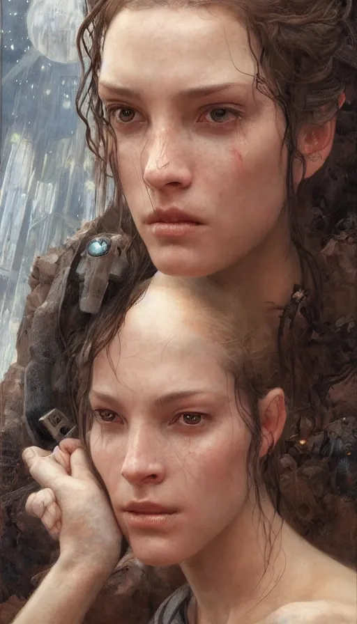 Image similar to epic masterpiece portrait star wars lady, sweaty skin, hyperrealistic, octane render, cinematic, beautiful face and flawless skin, perfect hands, 5 fingers, by Edgar Maxence and Ross Tran and Michael Whelan, Legends of Runeterra