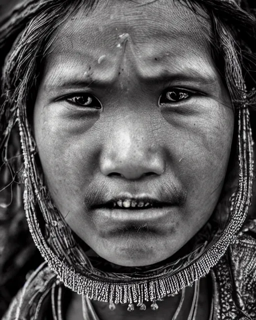 Image similar to Award winning Portrait photo of a Native Myanmarese with hyper-detailed hair and beautiful eyes wearing traditional garb by Lee Jeffries, 85mm ND 5, perfect lighting, gelatin silver process