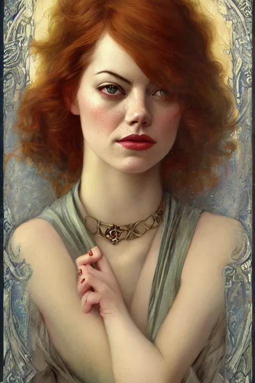 Image similar to Emma Stone by Tom Bagshaw in the style of Gaston Bussière, art nouveau