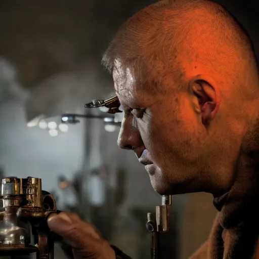 Image similar to balding older cyborg using jeweller's loupe with orange led light, inspecting intricate gun made from rusted cutlery, smoking soldering iron, dark messy cluttered workshop, dark, dramatic lighting, cinematic, highly detailed, sci - fi, futuristic, movie still from blade runner