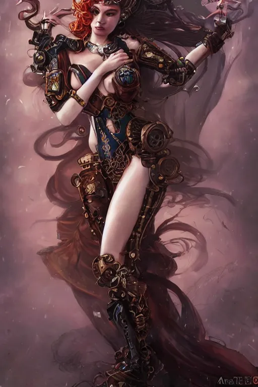 Image similar to three-quarters pose portrait of sensual Lady Mechanika, very beautiful young woman, ginger wavy hair, Intricate, steampunk imagery themed, D&D!, fantasy style, sharp focus!, ultra detailed, art by Artgerm and Peter Andrew Jones, WLUP