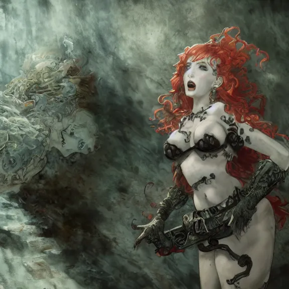 Prompt: christina hendricks!!!!! goth!!!!! cave painting, tankoban, 4 k, tone mapping, akihiko yoshida, james jean andrei riabovitchev marc simonetti, yoshitaka amano, long hair, curly, h. hydrochaeri