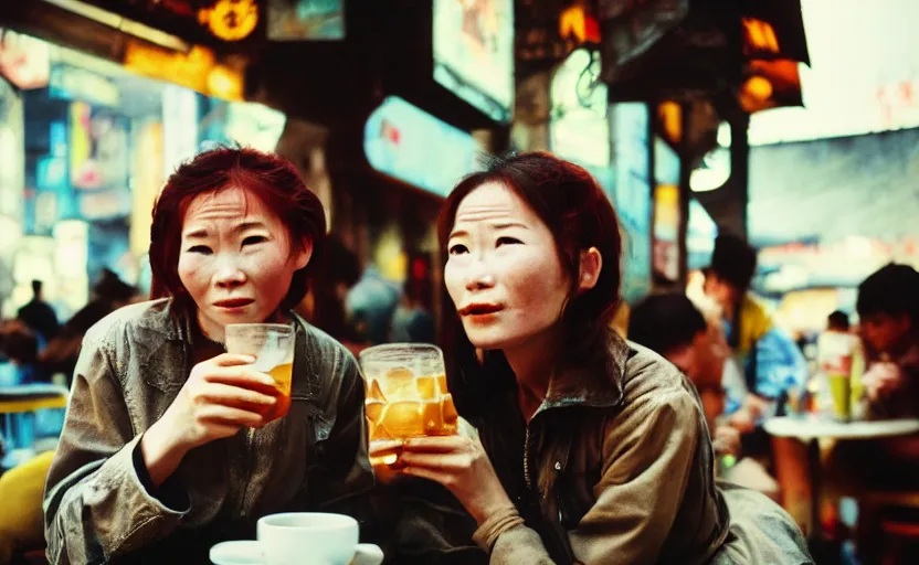 Image similar to cinestill 5 0 d candid photographic portrait by helen levitt of two android women sharing a drink at a cafe in cyberpunk china, extreme closeup, modern cyberpunk, dust storm, 8 k, hd, high resolution, 3 5 mm, f / 3 2, ultra realistic faces, intricate detail, ex machina