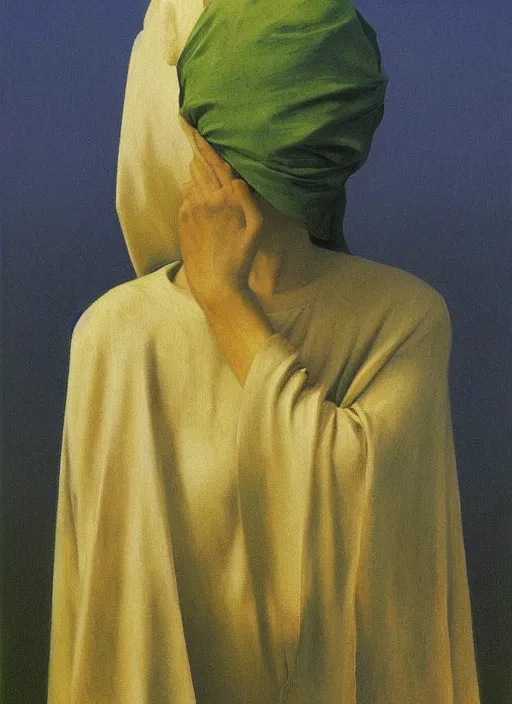 Image similar to woman with a paper bag over the head and a sward Edward Hopper and James Gilleard, Zdzislaw Beksinski, Steven Outram highly detailed