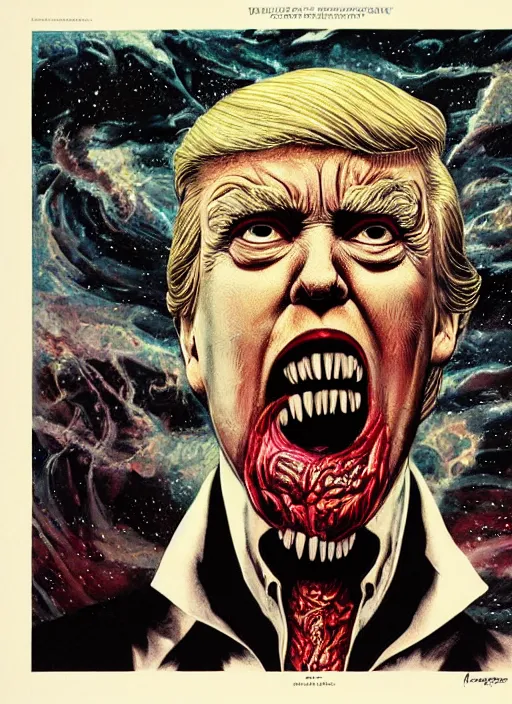 Image similar to donald trump's disgusting true form burstin from within, horror, high details, intricate details, by vincent di fate, artgerm julie bell beeple, 1 9 8 0 s, inking, vintage 8 0 s print, screen print