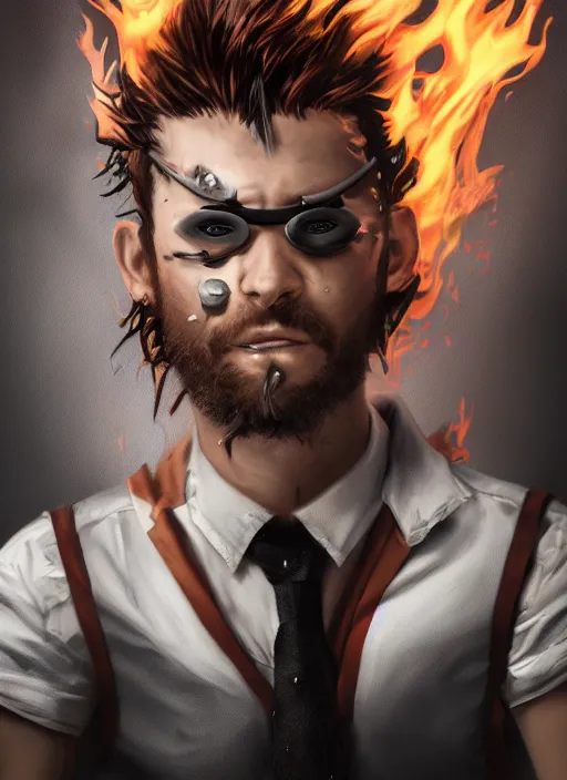 Image similar to An epic fantasy comic book style portrait painting of young man with red spiked long hair, using googles. Wearing a black waistcoat, white shirt. Fire on his hands. Unreal 5, DAZ, hyperrealistic, octane render, cosplay, RPG portrait, dynamic lighting