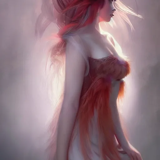 Prompt: prompt A beautiful portrait of a white red orange kumiho, stunning gorgeous cute asian face, translucent silky dress made of peacock tails, a bra made of peacock feathers, close up front view, long clumpy hair in the shape of fox tail, backlit, concept art, matte painting, by Peter Mohrbacher
