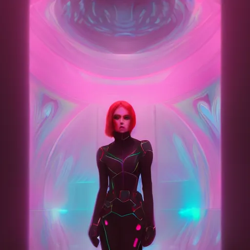 Prompt: long Shot of psychedelic Black widow standing in mysterious chromatic astral temple , stylish, lsd, soft, artstation, cinematic, artwork by WLOP