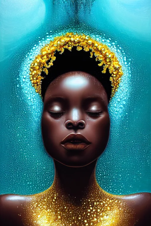 Image similar to hyperrealistic precisionist cinematic profile very expressive! black oshun goddess, in water! up to shoulders, mirror dripping droplet!, gold flowers, highly detailed face, digital art masterpiece, smooth eric zener cam de leon, dramatic pearlescent turquoise light on one side, low angle uhd 8 k, shallow depth of field