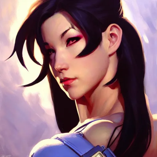 Image similar to Greg Manchess portrait painting o Tifa Lockheart as Overwatch character, medium shot, asymmetrical, profile picture, Organic Painting, sunny day, Matte Painting, bold shapes, hard edges, street art, trending on artstation, by Huang Guangjian and Gil Elvgren and Sachin Teng