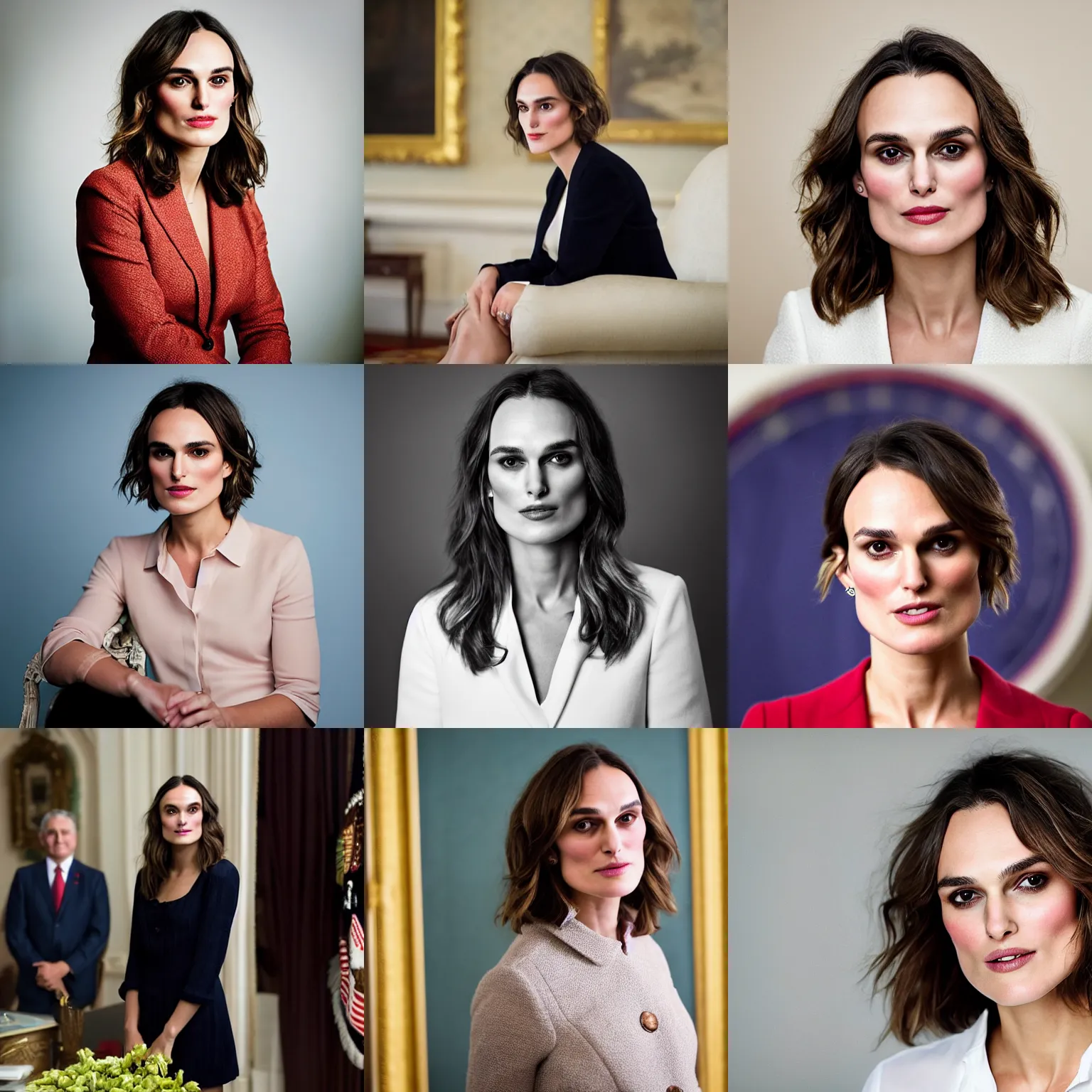Prompt: portrait photo of president kiera knightley, photo by pete souza, 8 5 mm f / 1. 4