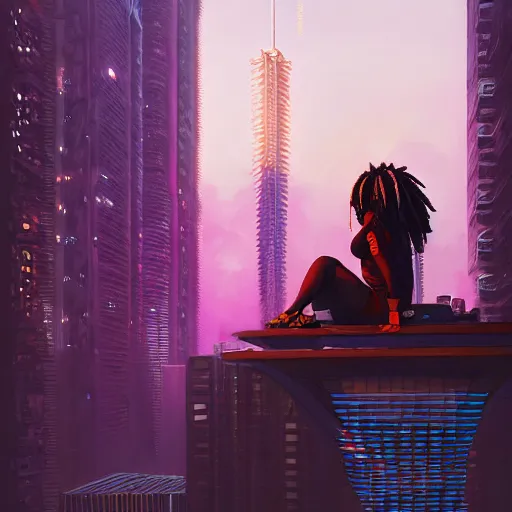 Prompt: a bbw black woman with dreadlocks sitting on top of a skyscraper in the cyberpunk city at sunset, by greg rutkowski and android jones and Alena Aenami in a surreal portrait style, oil on canvas, cyberpunk, vibrant color scheme, 8k