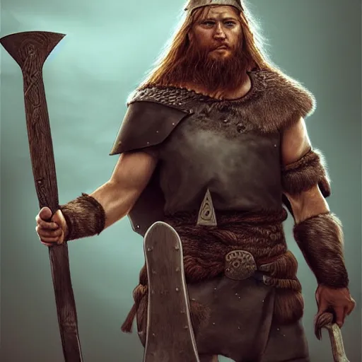 Image similar to viking warrior with an axe and helmet, digital art, realistic, detailed, artstation