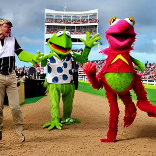 Prompt: Muppets as Jockeys horse racing