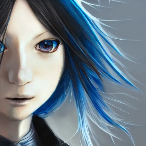 Image similar to full face shot of rimuru tempest, sky blue straight hair, long bangs, with amber eyes, wearing a fancy black jacket, high collar, ultra detailed, brush strokes, digital painting, cinematic, wlop artstation, closeup, pixiv, eerie, scary, intimidating glare, evil, yoshitaka amano, junji ito,