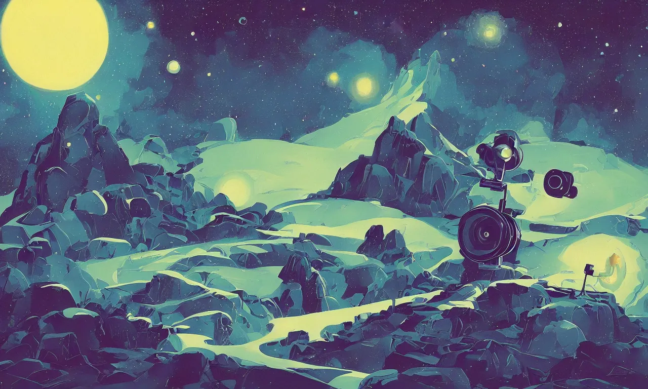 Image similar to A beautiful painting of a camera floating among stars, trending on Artstation, by Eyvind Earle and Dan Mumford