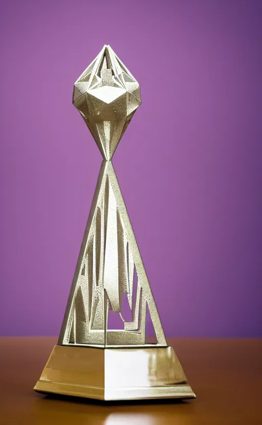 Image similar to a tall reflective very symmetrical polyhedral 3 d printed steel engineering trophy on a dark purple backdrop in a medieval themed castle in golden afternoon light, professional food photography