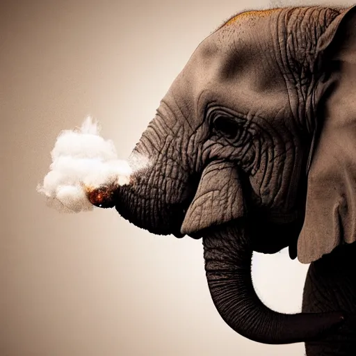 Image similar to ultra realistic photography, picture of ( subject : an elephant blowing smoke ). the scene is set in a gentlemens cigar lounge, a very smokey atmosphere, small thick clouds of cigar smoke, artstation, focus on the elephant, anatomically correct elephant features, extremely detailed and crisply sharp photo, hyperrealistic smoke, canon eos, 4 k