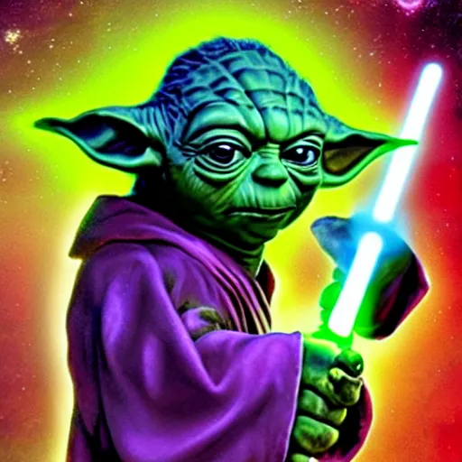 Prompt: yoda majestic with glowing lightsaber, rippling abs, in the style of harlequin romance novel cover, glistening, bedroom eyes,