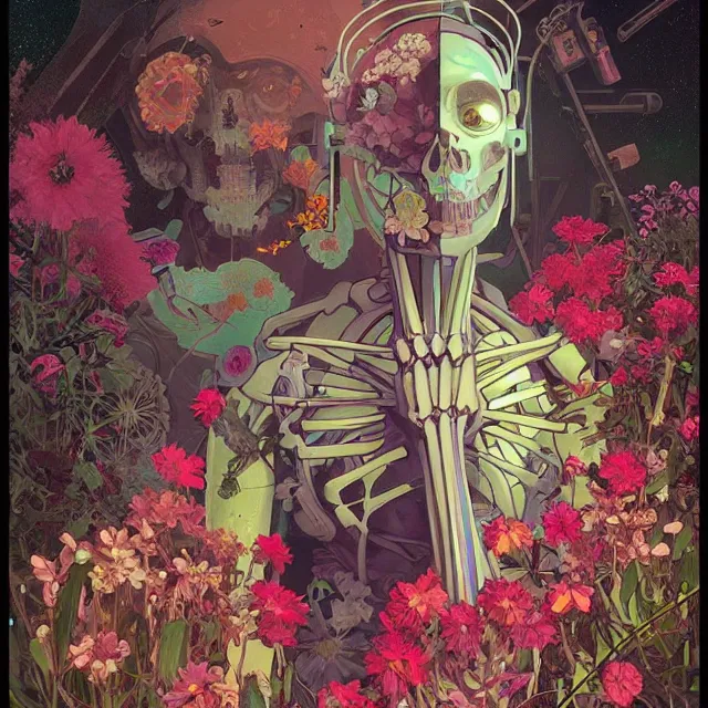 Prompt: a beautiful portrait painting of a ( cyberpunk ) steel skeleton covered with flowers by simon stalenhag and pascal blanche and alphonse mucha!! and nekro! and josan gonzalez!. in style of digital art. colorful comic, film noirs, symmetry, brush stroke, vibrating colors, hyper detailed. octane render. trending on artstation