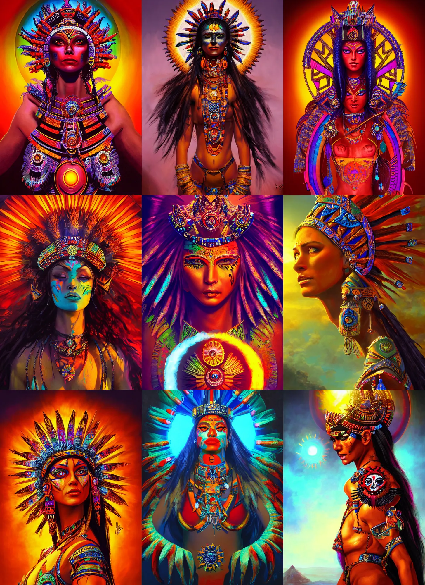 Prompt: aztec sun goddess, vivid colors, war of colors, dark shadows, contrast, concept art, sharp focus, digital art, hyper - realistic, 4 k, unreal engine, highly detailed, dramatic lighting, beautiful, by brom,