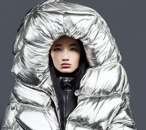 Image similar to well lit fashion shoot portrait of extremely beautiful female black marble statue wearing huge puffer jacket over size futuristic outerwear, puffer trouser, puffer jacket, puffer jacket by moncler genius, dingyun zhang, yeezy, balenciaga, vetements, sharp focus, clear, detailed, detailed, glamorous, symmetrical, vogue, editorial, fashion,