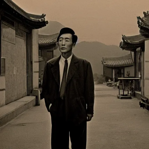 Image similar to 1950s Korean thriller film noir, a view of Shin Sang-ok in the middle of an empty scene, 35mm film, Cooke Varotal 20-100 T3.1