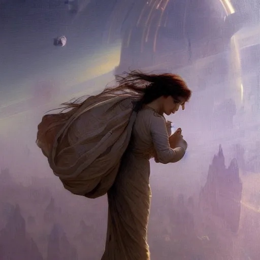 Prompt: future humans in space flying retro digital painting, artstation, concept art, soft light, hdri, smooth, sharp focus, illustration, fantasy, intricate, elegant, highly detailed, D&D, matte painting, in the style of Greg Rutkowski and Alphonse Mucha and artemisia, 8k, highly detailed, jurgens, rutkowski, bouguereau, pastoral, rustic, georgic