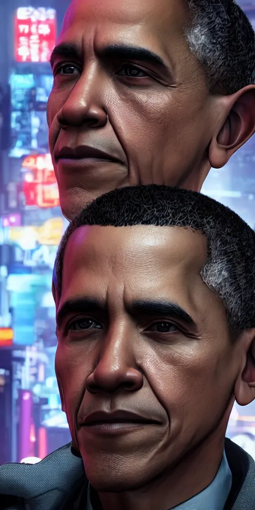 Image similar to “beautiful up close photo of Obama staring toward camera while sitting in the streets of night city’s corpo plaza, cyberpunk 2077”