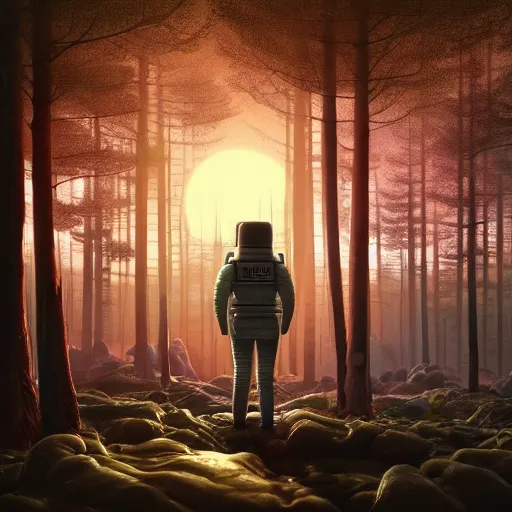 Image similar to A astronaut gazing upon an amazing alien forest landscape, digital art, breathtaking, golden ratio, extremely detailed, establishing shot, hyperrealistic, cinematic lighting, particles, unreal engine, simon stålenhag, rendered by Beeple, Makoto Shinkai, syd meade, simon stålenhag, Ruan Jia, Kentaro Miura, environment concept, artstation, octane render, 8K UHD image