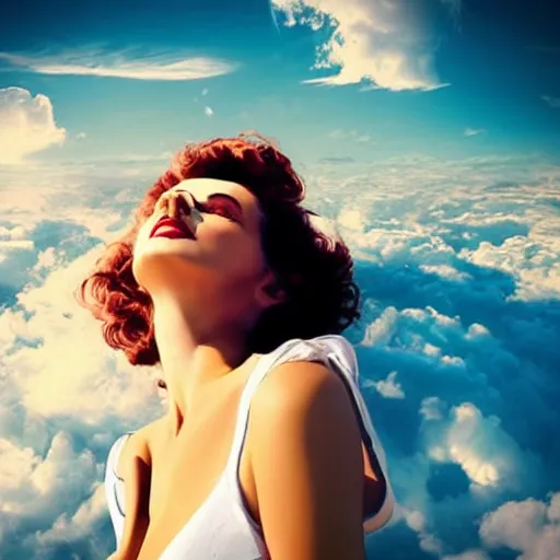 Prompt: beautiful woman laying on a sun lounge amongst the clouds leaving little to the imagination, dreamy, retro futuristic, surreal, realistic