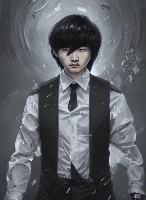 Prompt: a highly detailed illustration of attractive korean man with bowl cut black hair wearing shirt and tie, wielding giant black mist claws pose, tired expression, black mist surrounding background, intricate, elegant, highly detailed, centered, digital painting, artstation, concept art, smooth, sharp focus, league of legends concept art, wlop.